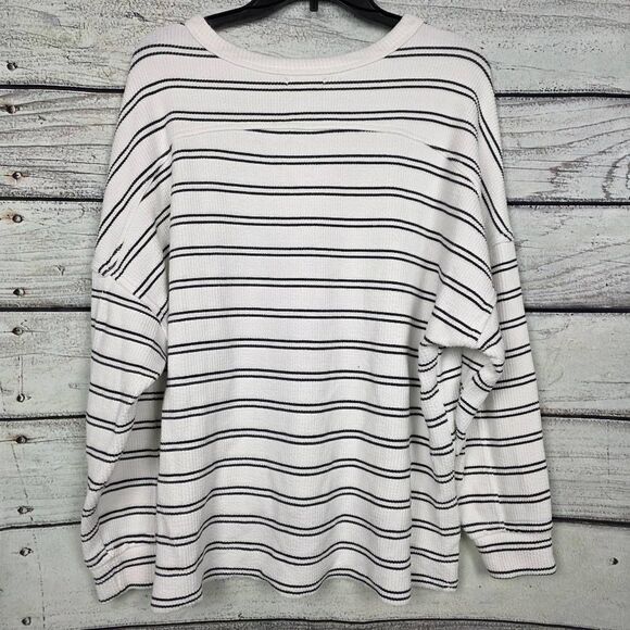Maurices L White Black Stripe Waffle Knit Pullover - Picture 4 of 8